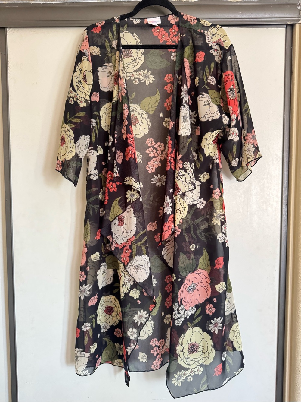 LuLaRoe Black Sheer Floral Kimono with Pink & Cream Blooms
